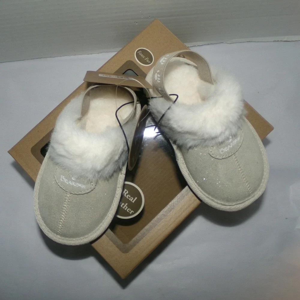 Bearpaw Baby Girls Glitter Leather Slippers Faux Fur Elastic Strap Silver Size 5